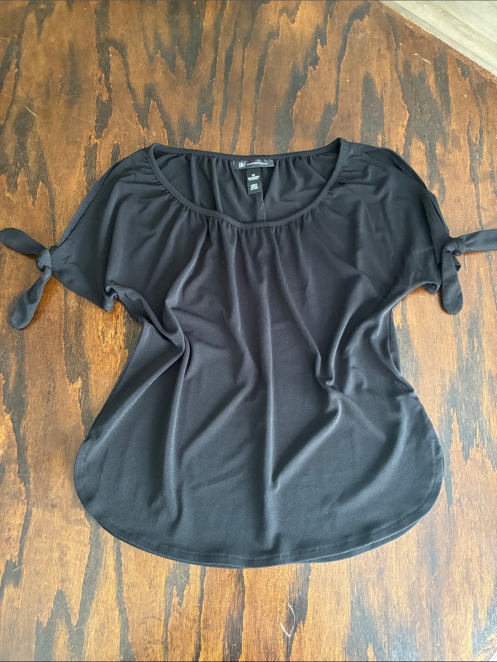 INC International Concepts Black Scoop Neck Short Sleeve Tie-Sleeve Blouse